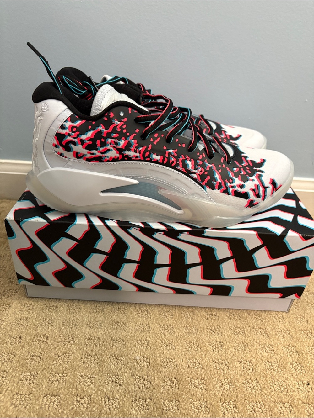Jordan Zion 1 Low White with Black, Teal, Hot Pink Accents